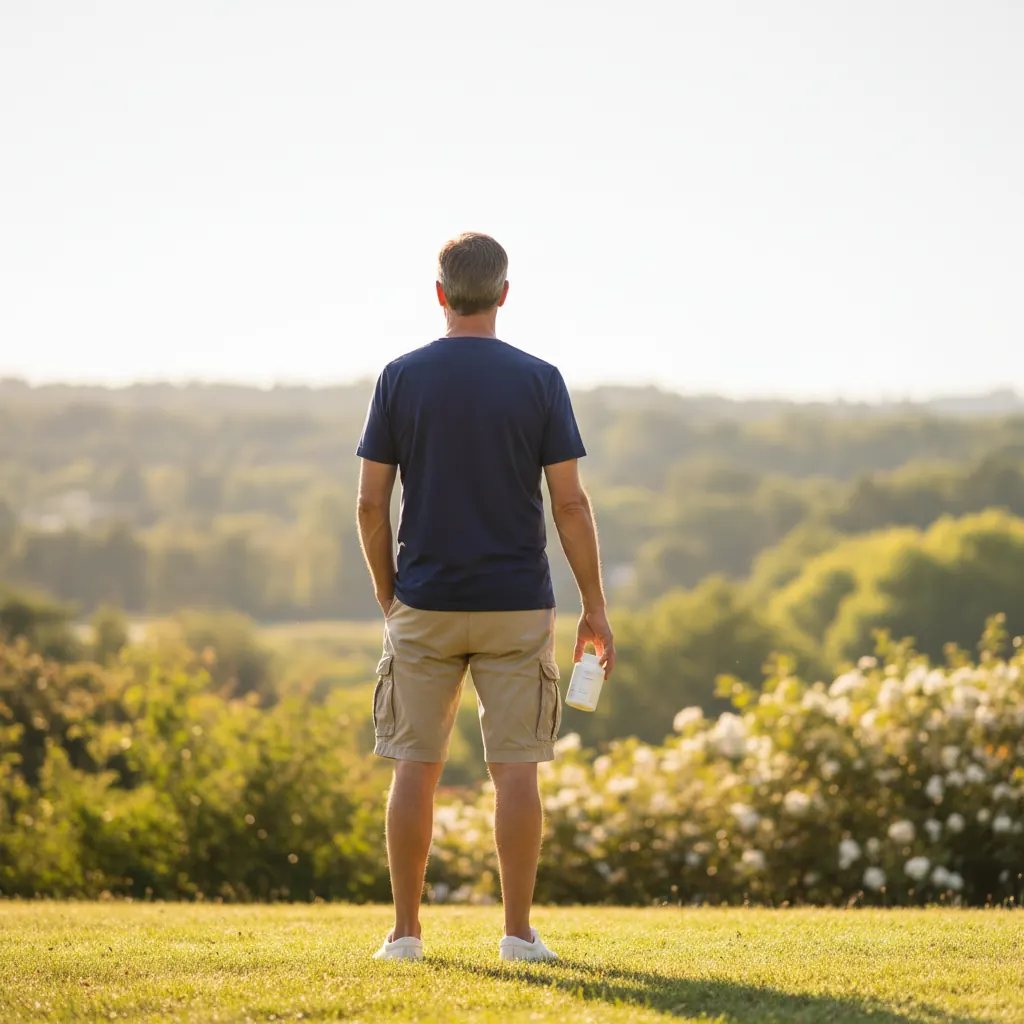 Man op leeftijd geniet van een actieve ochtendwandeling in het park, van achteren gezien