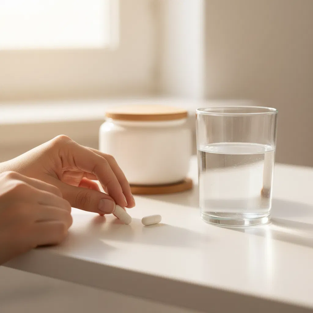 Handen plaatsen twee supplementcapsules naast een glas water op een keukentafel